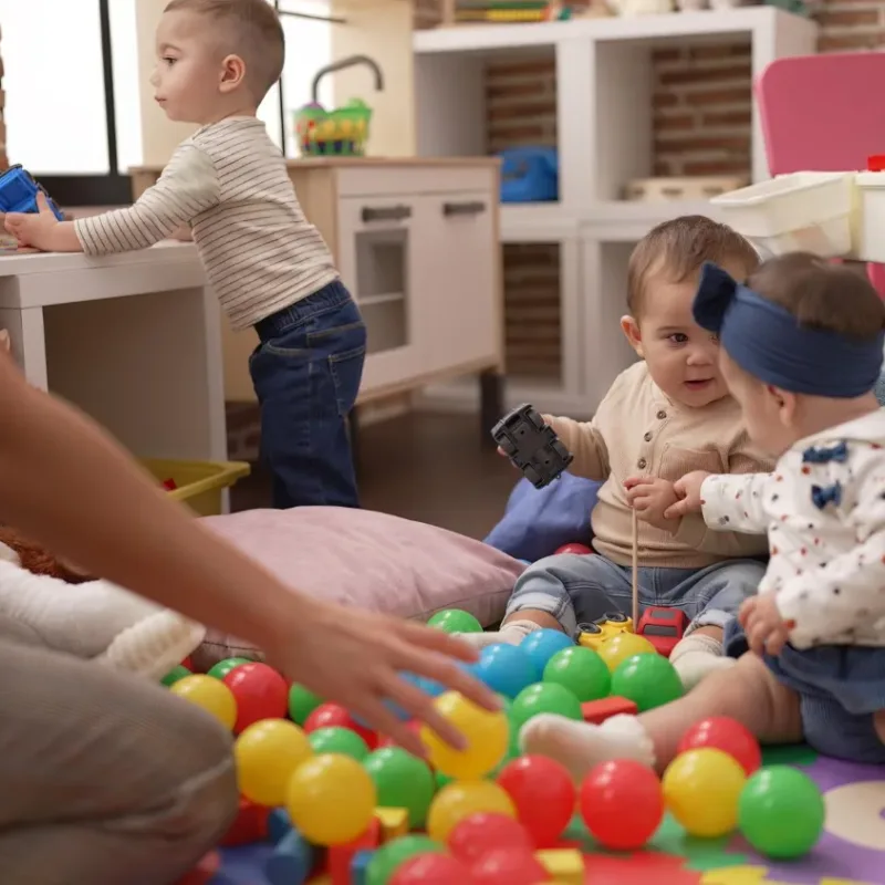 Groupe de tout-petits jouant avec des jouets assis sur le sol à la maternelle