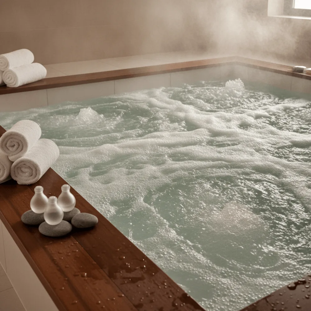 Détail équipements spa haut de gamme avec jacuzzi en bois noble, serviettes blanches et accessoires wellness